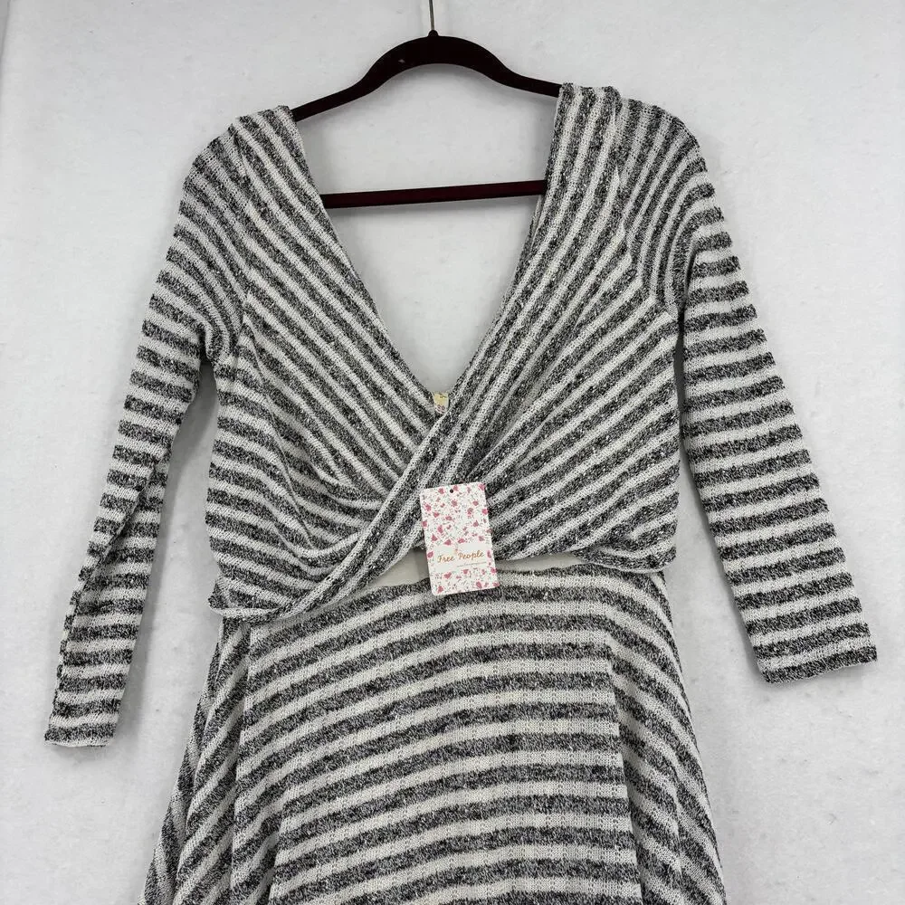 Free People Maverick Surplice Mini Dress Size‎ M Black Cream Striped Low V Neck
